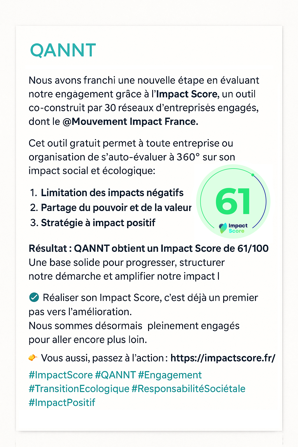 Lire la suite à propos de l’article QANNT obtient un Impact Score de 61/100